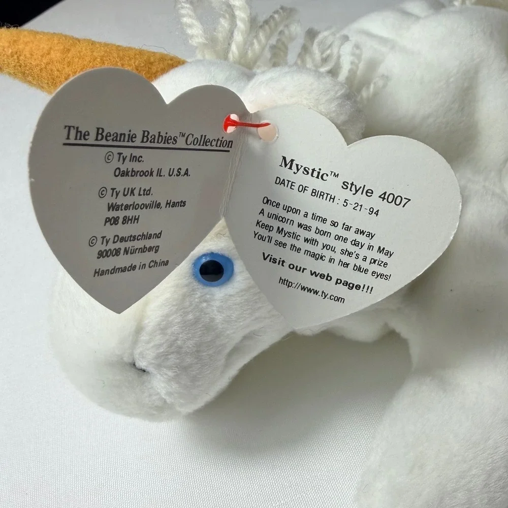 Ty Beanie Babies Mystic the Unicorn Set of 2 Style 4007 White Yarn Mane Vintage